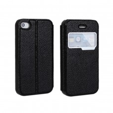 iPhone 4 4s - Genuine Leather Smart Window View Front Flip Stand Protective Phone Cover Case - Black